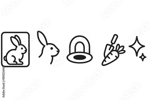 Rabbit Way Icons. Line style vector icons of rabbitway rootpick: rabbit frame, ear lift, rootway hole cue, narrow passage arc,