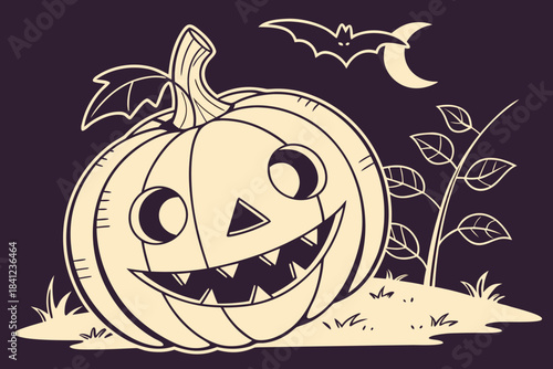 halloween pumpkin with bats and spooky face