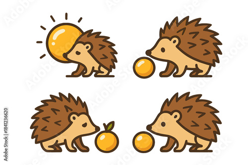 Hedgehog Meets Orb. Icons for: a hedgehog’s shy form approaching a bright orb, a timid spined body nearing a fresh sphere, a