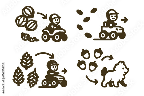 Nature's Guiding Icons. Icons for: a nut cluster guiding a quick explorer, small seeds pointing a lively rover forward, forest