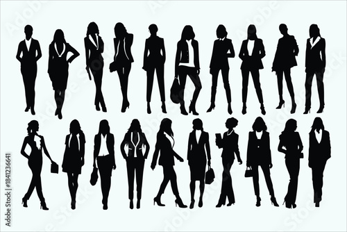 Business woman silhouettes vector. Professional women collection. Corporate attire poses. Career fashion graphics.