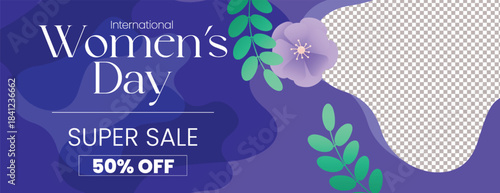 Modern 8 march Women’s Day sale discount horizontal banner template with floral vector background, womens day social media cover and website header, advertising design for marketing promotions