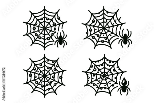 Silver Web Dew. Icons for: Spider Web Dew, a silent crawler beside silver threads, a delicate weave holding bright droplets, a