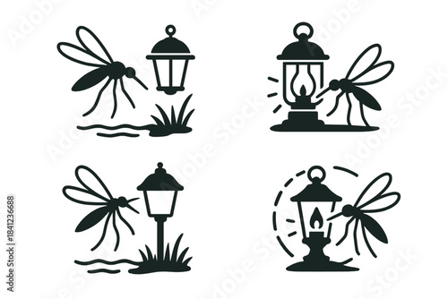 Mosquito Swamp Icons. Icons for: Mosquito Swamp Lamp, a thin flyer near murky water, a tiny drifter beside glowing glass, a dusk