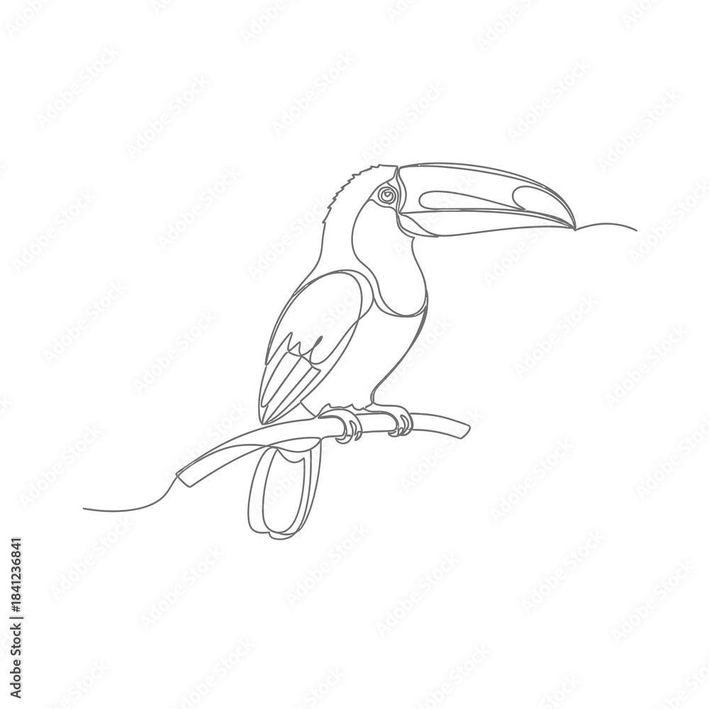 Fototapeta premium Elegant single line drawing of a toucan perched on a branch silhouette isolated on white background