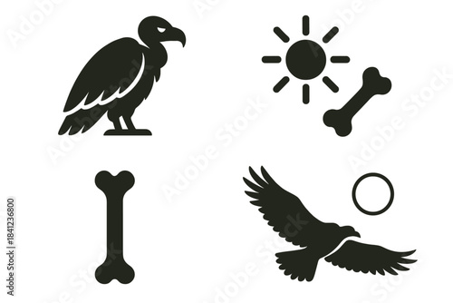 Vulture Desert Silhouette. Icons for: Vulture Sun Bone, a broad-winged scavenger beneath harsh light, a stark silhouette near a