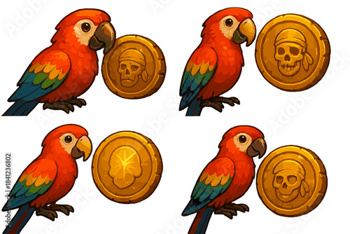 Parrot and Pirate Coin. Icons for: Parrot Pirate Coin, a bright flier beside a worn doubloon, a bold bird near a sea-rover’s token