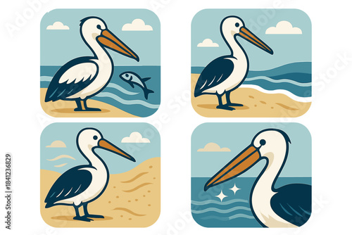Pelican's Coastal Vigil. Icons for: Pelican Beach Fish, a broad-billed bird near rolling shoreline, a calm watcher beside a