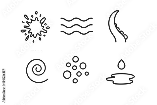 Oceanic Ink Icons. Line vector icons of Oceanic Ink Mist: ink spray, ocean haze, squid arc, swirl fragment, foam dot, water mark.