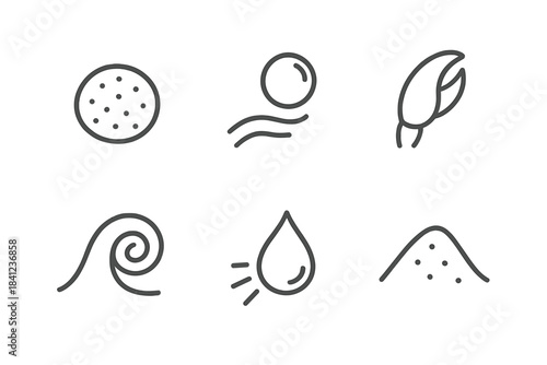 Dune Bubble Life Icons. Line vector icons of Dune Bubble Life: dune grain, drifting bubble, crab hint, tide curl, droplet flick,
