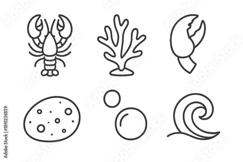 Lobster Coral Icons. Line vector icons of Lobster Coral Claw: lobster form, coral branch, strong claw, reef pebble, tiny bubble,