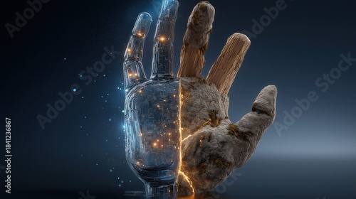 Fototapeta Naklejka Na Ścianę i Meble -  Conceptual human hand split in half: one side transparent digital glass with glowing circuits, the other side made of ancient wood, bark, and moss. 3D illustration of symbiosis
