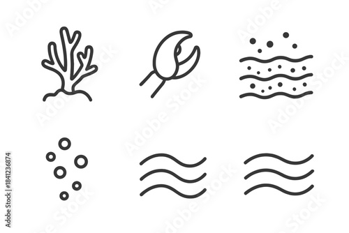 Seafloor Coral Icons. Line vector icons of Seafloor Coral Clasp: coral sprig, clasping claw, seabed grain, foam dot, current flick