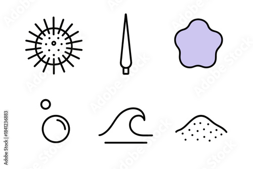 Sea Urchin Icon Set. Line vector icons of Sea Urchin Spine Purple: sea urchin form, sharp spine, purple hint shape, tiny bubble,