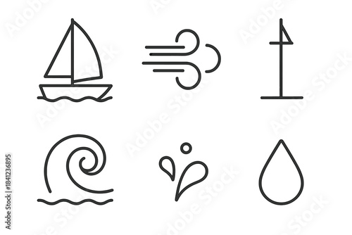 Sailboat Line Icons. Line vector icons of Sailboat Wind Mast: sailboat form, strong wind arc, tall mast, wave curl, tiny spray,