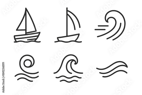 Mastway Sea Drift Icons. Line vector icons of Mastway Sea Drift: drifting hull, mast stretch, airy wind arc, wave bead, tide flick
