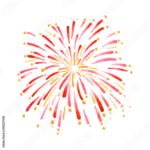 A vibrant watercolor illustration of a firework explosion with red, pink, and yellow streaks radiating outwards, creating a festive and celebratory display.