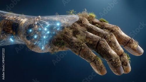 Fototapeta Naklejka Na Ścianę i Meble -  Conceptual human hand split in half: one side transparent digital glass with glowing circuits, the other side made of ancient wood, bark, and moss. 3D illustration of symbiosis