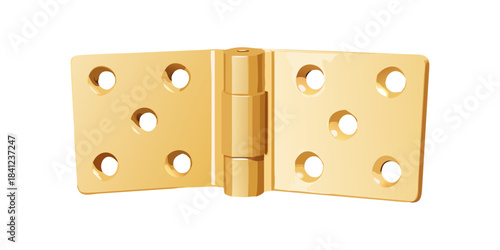 Solid brass door hinge with six mounting holes in polished finish on a transparent background.