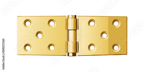 Solid brass door hinge with six mounting holes in polished finish on a transparent background.