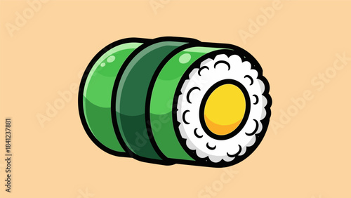 Cartoon Sushi Roll with Green Seaweed and Yellow Filling.