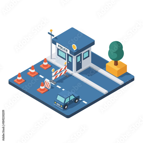 Isometric Police Checkpoint with Car and Traffic Cones.