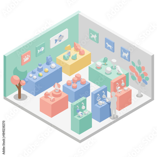 Isometric display of jewelry store with various necklaces and earrings.