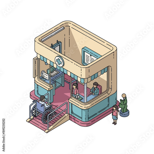 Isometric Pharmacy Building with Accessible Ramp and Diverse Customers.