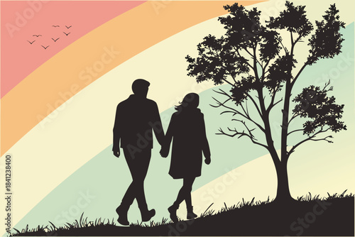 Couple walking together in a peaceful park scenery
