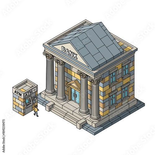 Isometric Bank Building and ATM Machine with Person.