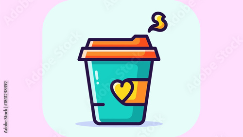 Charming Cartoon Coffee Cup with Heart and Steaming Aroma.