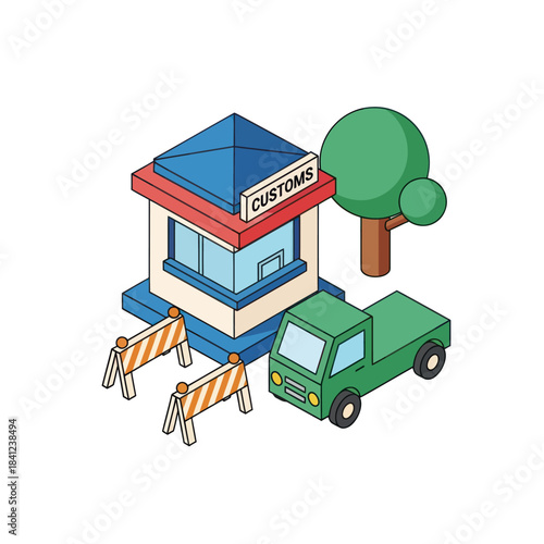 Isometric Customs Checkpoint with Truck and Barriers.