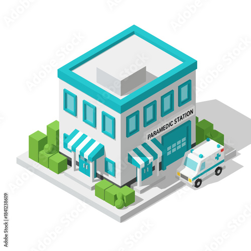 Isometric Paramedic Station Building with Ambulance.