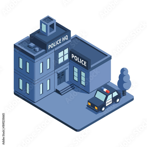 Isometric Police Station Building with Patrol Car.