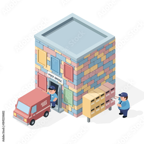 Isometric Post Office Building with Mail Delivery Van and Workers.