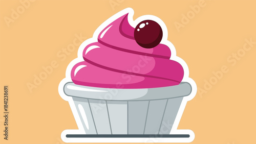 Delicious Pink Frosted Cupcake with Cherry Topping in a Silver Wrapper.