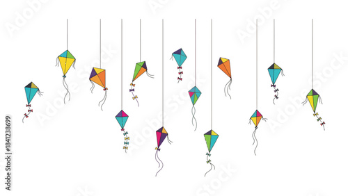 Kites in the Sky: Colorful kites of various designs gracefully suspended in mid-air, a visual symphony of vibrant hues and playful energy, embodying a sense of freedom and childlike wonder.