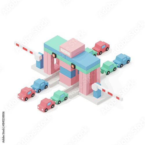 Colorful toy toll booth with cars in a playful isometric view.