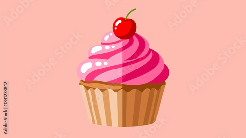 Delicious Cupcake with Pink Frosting and Cherry Topping Illustration.