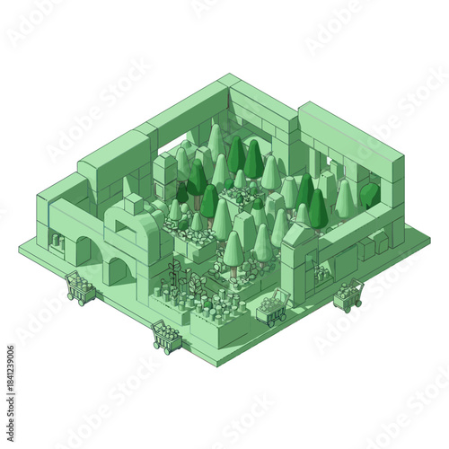 Isometric architectural model of a lush green courtyard with trees and people.