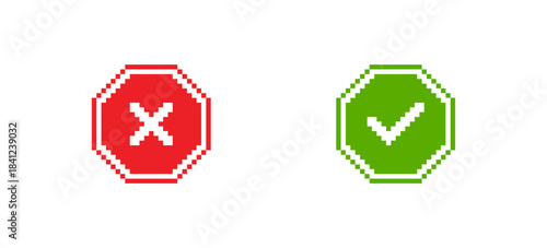 Green checkmark and red cross icons in octagon shapes, retro pixel-style, perfect for user interface design or game menus. Isolated vector