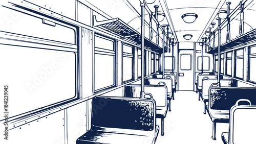 Interior view of an empty vintage bus or train with rows of seats retro