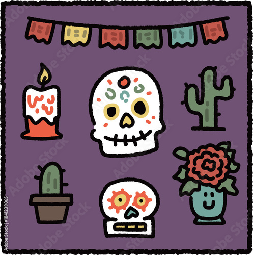 Cute Día de los Muertos Illustration with Sugar Skulls, Marigold Flowers, Papel Picado, Candle and Cactus – Hand Drawn Cultural Artwork