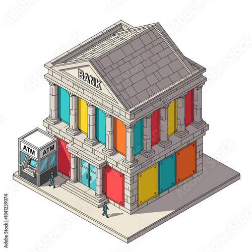 Isometric Bank Building with Colorful Facade and ATM.