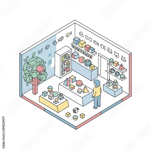 Isometric view of a charming small shop interior with a customer browsing merchandise.