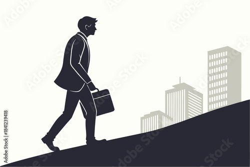 Businessman walking on city street silhouette vector illustration