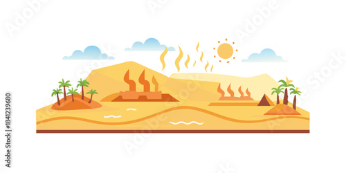 cyma. Mirage of an oasis over a desert landscape with heat distortion effect. ESG reports, sustainability campaigns, designed for sustainability communications and ESG.