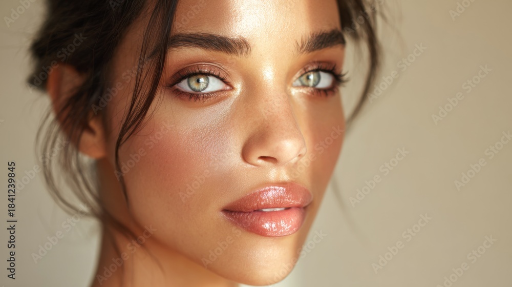 Naklejka premium Stunning Close-Up Portrait of a Young Woman with Gleaming Skin and Striking Eyes in Natural Light Setting for Beauty and Skincare Themes
