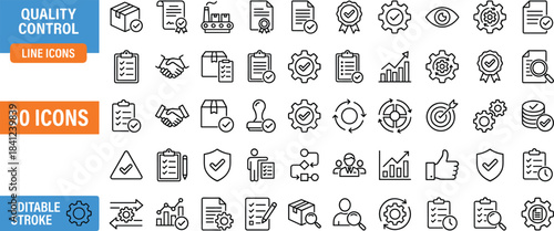 Quality control line icon set featuring inspection, certification, analytics, workflow, verification, teamwork, product testing, and performance monitoring with editable stroke design.