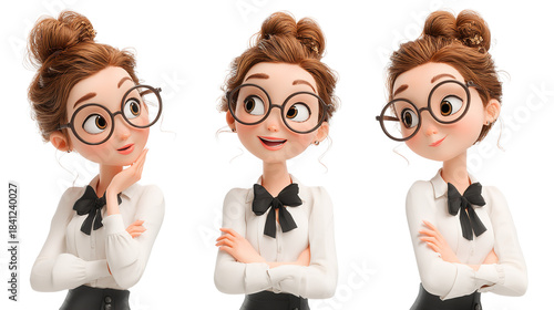 An animated woman with glasses and a bow tie showcases curiosity and confidence in three poses on transparent background